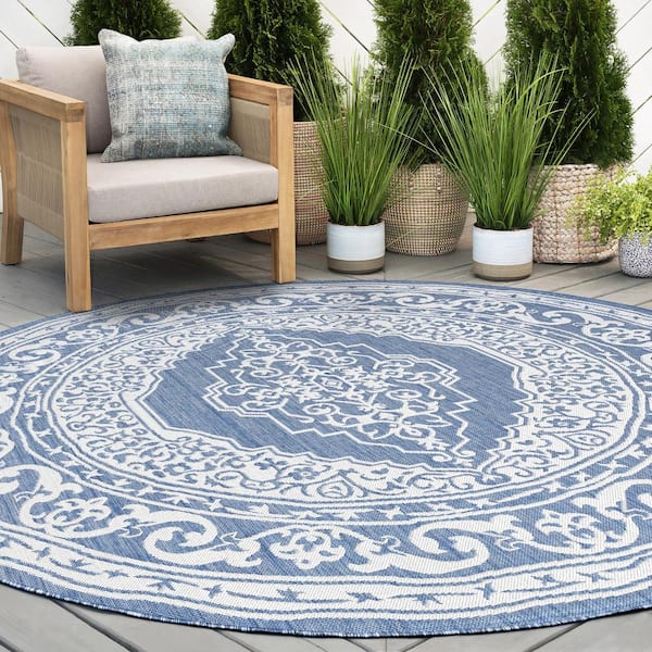 Eco Floral Blue 8 ft. Round Indoor/Outdoor Area Rug