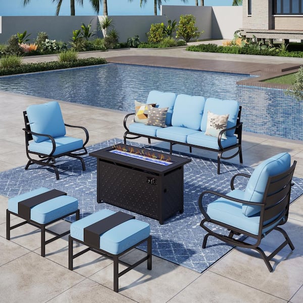 PHI VILLA 7 Seat 6-Piece Metal Outdoor Patio Conversation Set with Blue Cushions, Rocking Chairs, Rectangular Fire Pit Table
