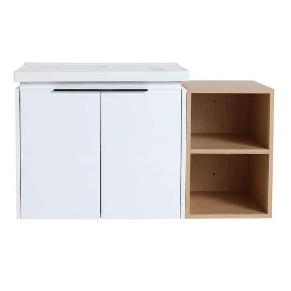 ANGELES HOME 36 in. W x 18.5 in. D x 21 in. H Wall Mounted Single Sink Bath Vanity in White with White Ceramic Top, Soft Close Doors