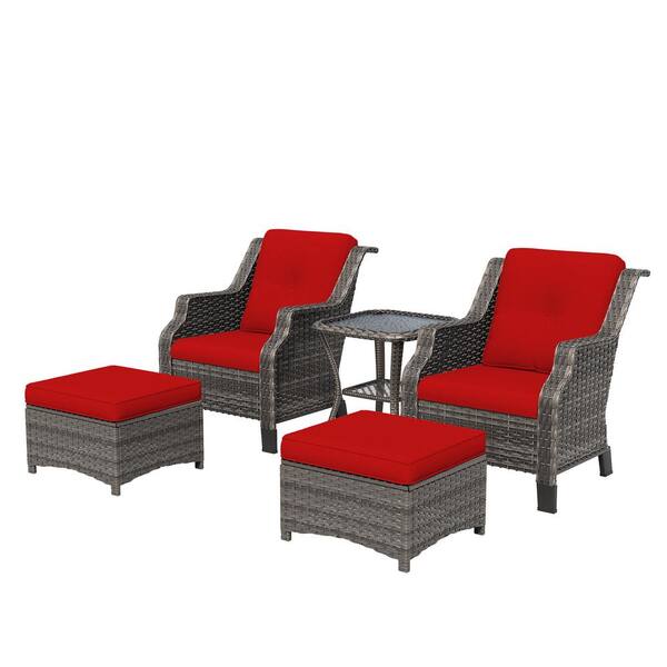 Brown 5-Piece Wicker Patio Conversation Set Outdoor Lounge Chair with Red Cushions