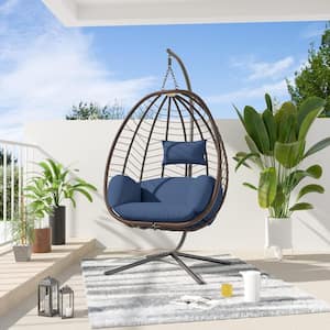 Outdoor Indoor Wicker Egg Swing Chair with Stand 350 lbs. Capacity Strong Frame Navy Cushions, Patio, Balcony, Bedroom