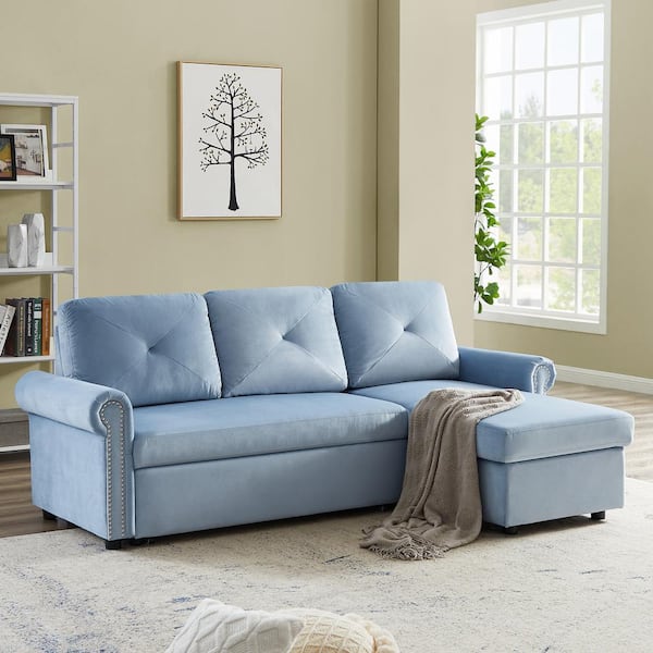 eksil Sovereign erstatte GOSALMON 83 in. W Blue Velvet Twin Size Sofa Bed Convertible Sectional  3-Seater L-Shape Couch with Storage Chaise SG000345NYYAAA - The Home Depot