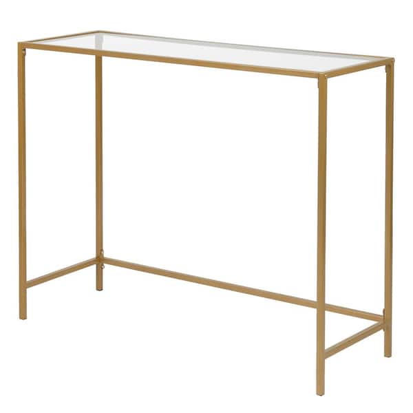 Karl home 39.38 in. Clear and Gold Rectangle Glass Metal Frame Console Tablewith Metal Frame