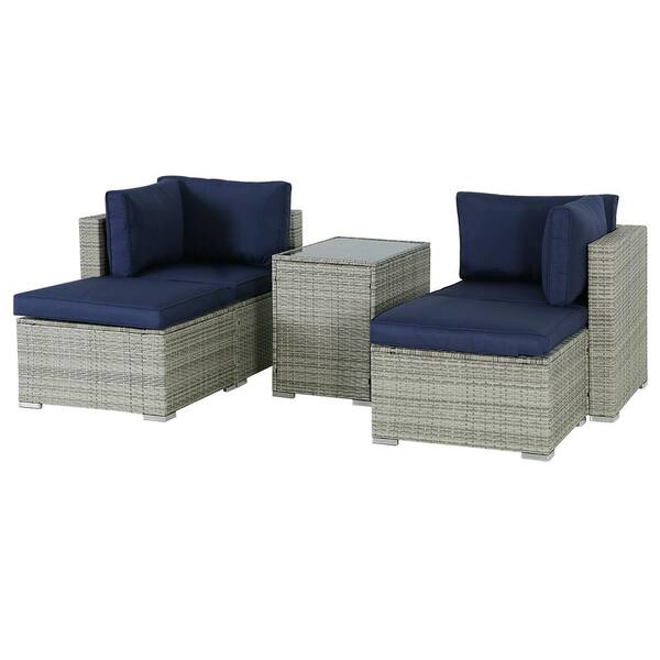 Sudzendf Gray 5-Piece Wicker Outdoor Sectional Set Sofa Lounger Set with Coffee Table and Blue Cushions