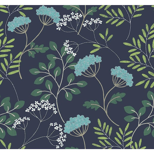 SCOTT LIVING Sorrel Navy Botanical Wallpaper Sample
