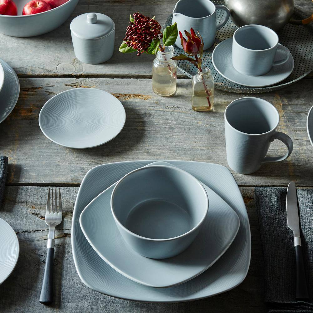 Grey Porcelain Swirl Square Dinnerware Set for Four