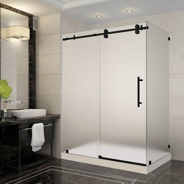 Aston Langham 60 in. x 35 in. x 77.5 in. Frameless Corner Sliding Shower Door with Frosted Glass in Matte Black, Left Drain