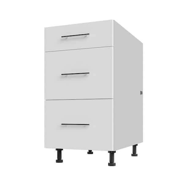 WeatherStrong Miami Shell White Matte Flat Panel Stock Assembled Base Kitchen Cabinet 3 DR Base 18 In.x 34.5 In.x 27 In.