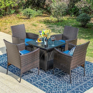 Black 5-Piece Metal Patio Fire Pit Set with Rattan Chairs with Blue Cushion