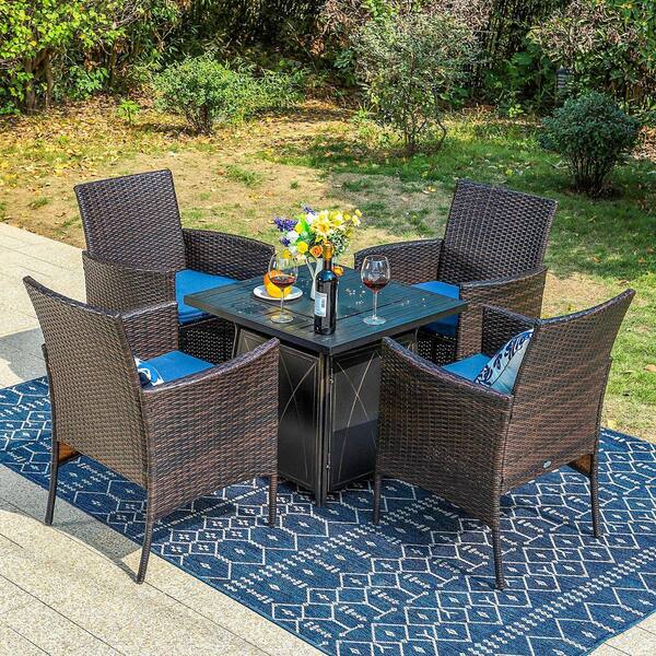 PHI VILLA Black 5-Piece Metal Patio Fire Pit Set with Rattan Chairs with Blue Cushion