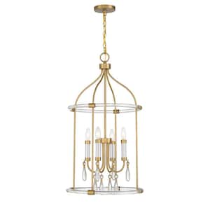 Mayfair 4-Light Warm Brass and Chrome Pendant Light with Clear Acrylic Glass and Crystal Accents, No Bulbs Included