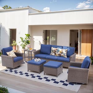 Nyajiah 6-Piece Wicker Patio Conversation Set with Blue Cushions