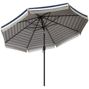 9 ft. Steel Push-up Market Solar Tilt Ruffled Patio Umbrella in Blue Stripe