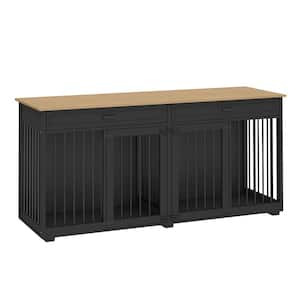 72" Large Dog House Furniture, Indoor Wooden Dog Kennel with Drawers & Divider,Heavy Duty Dog Crate for 2 Dogs,Black