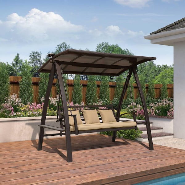 3-Seat Porch Swing with Adjustable PVC Canopy Swing Bed with Metal and Side Cup Holder, Cushion and Pillows Included