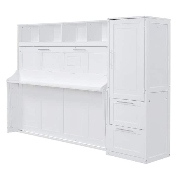 Qualler White Wood Frame Queen Size Murphy Bed with Closet and Drawers