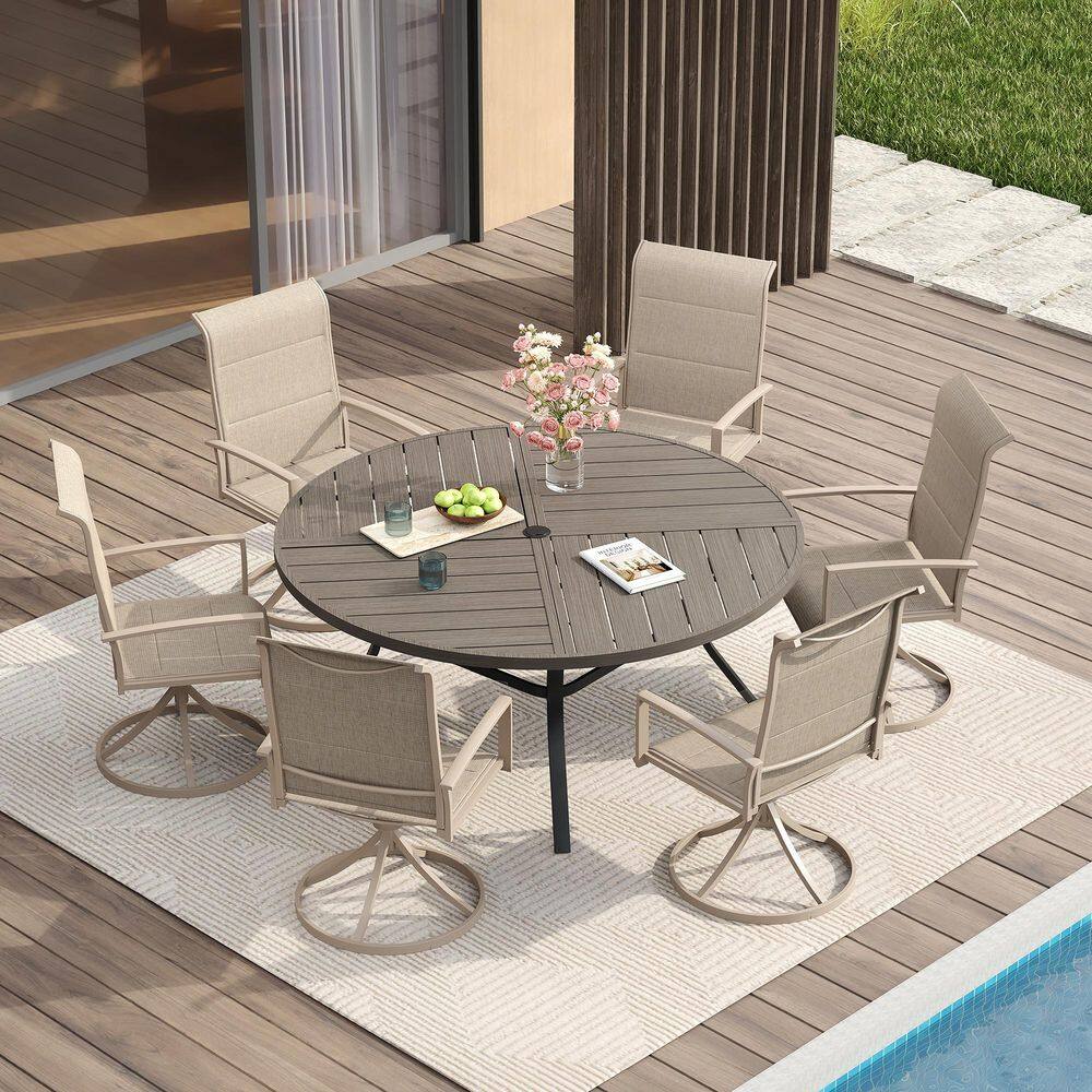 7-Piece Metal Outdoor Dining Set with Gray Wood-Like Round Table and 6 Sandshell Swivel Dining Chairs for 6 Person price history on PriceWatchPro