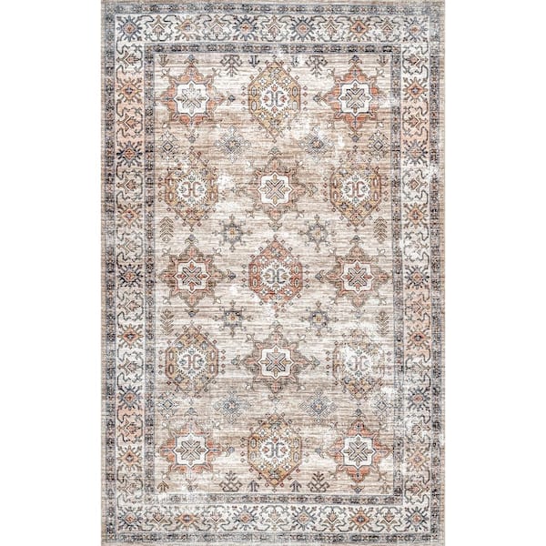 nuLOOM Finley Machine Washable Vintage Distressed Beige 4 ft. x 6 ft. Indoor Area Rug