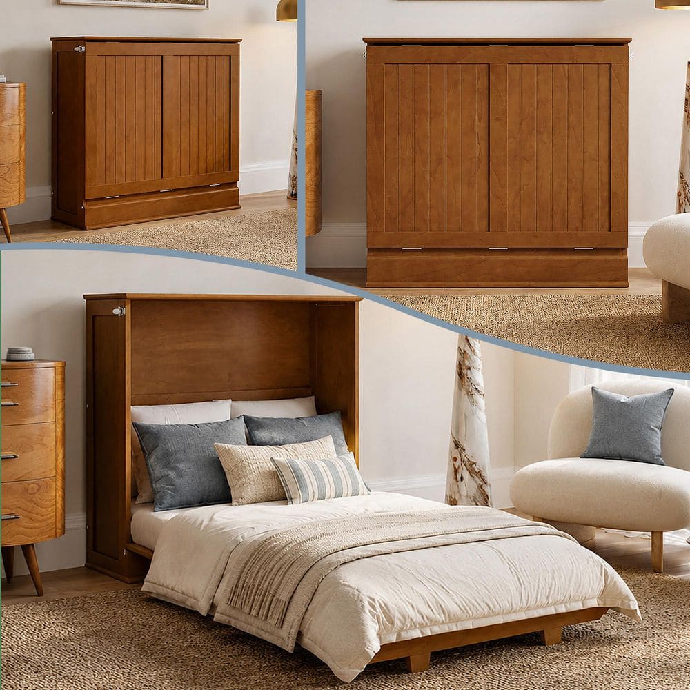 Winthrop Teak Brown Wood Frame Twin Murphy Bed Chest with 4 in. Mattress