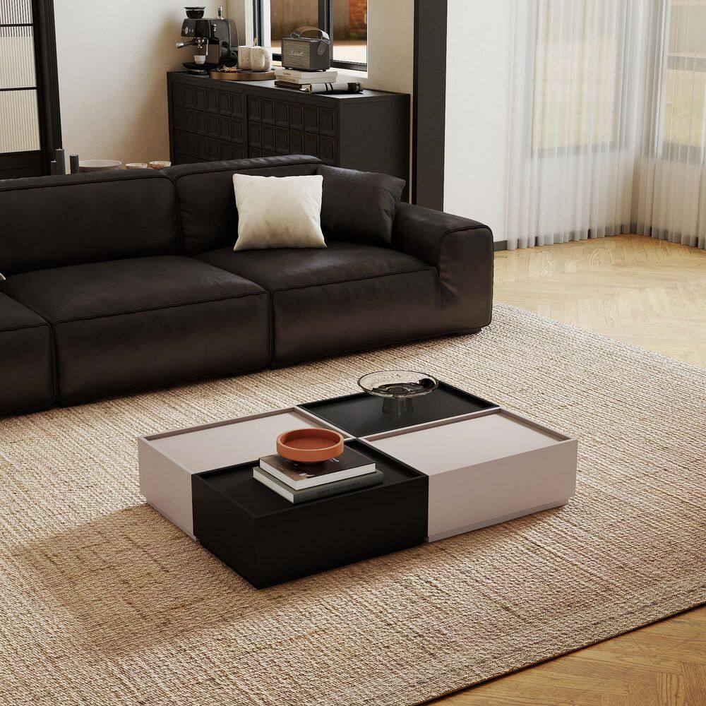 47 in. MDF Rectangle Coffee Table Modular Stackable Center Table in Beige and Black, Set of 4