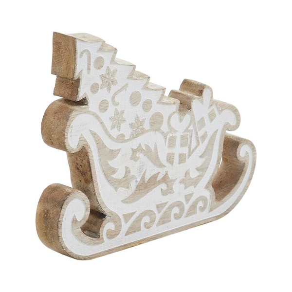 7 in. Natural Wooden Christmas Sleigh – Santa on Duty – White Washed