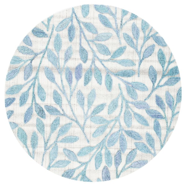 Southampton 6 ft. x 6 ft. Blue Leaves High-Low Round Area Rug