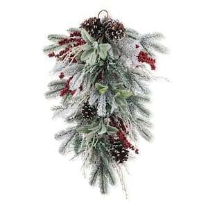 28 in. H Christmas Flocked Pinecone and Berry Teardrop Artificial Christmas Wreath