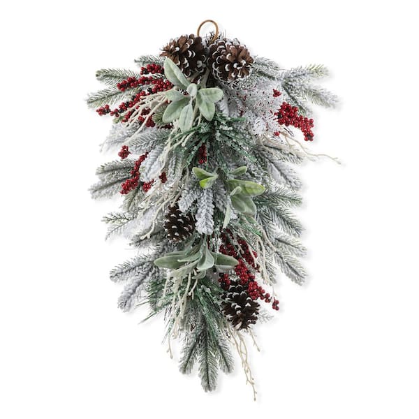 Glitzhome 28 in. H Christmas Flocked Pinecone and Berry Teardrop Artificial Christmas Wreath