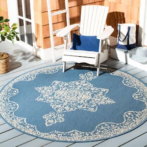 Beach House Cream/Blue 8 ft. x 8 ft. Solid Medallion Floral Indoor/Outdoor Patio  Round Area Rug