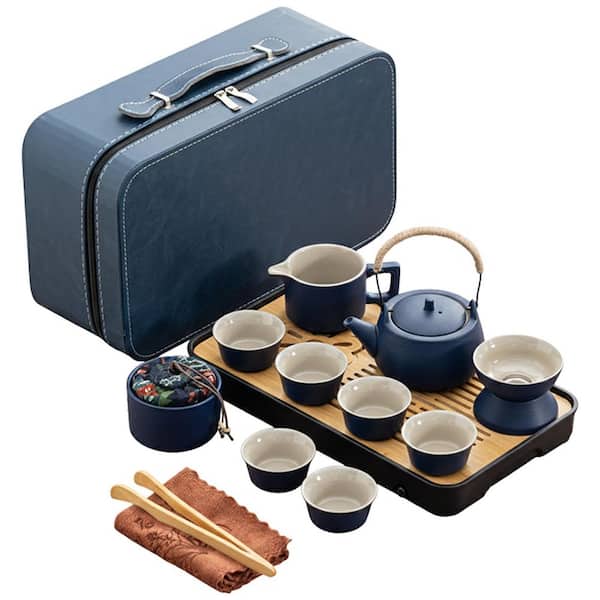 14-Piece Ceramic Travel Tea Set with Bamboo Tray and Leather Bag, Portable Chinese Tea Kit for Home or Camping