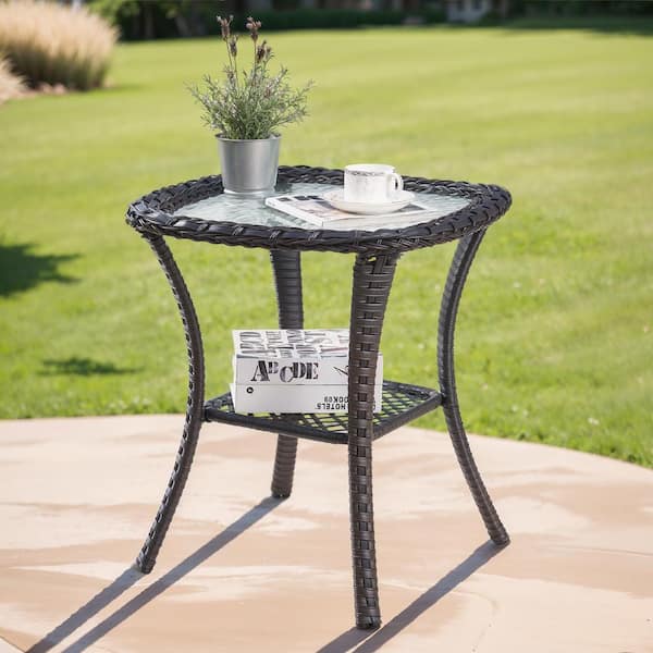 Brown Square Wicker Outdoor Side Table with Tempered Glass Top Modern Farmhouse Patio Rattan Coffee Table for Garden