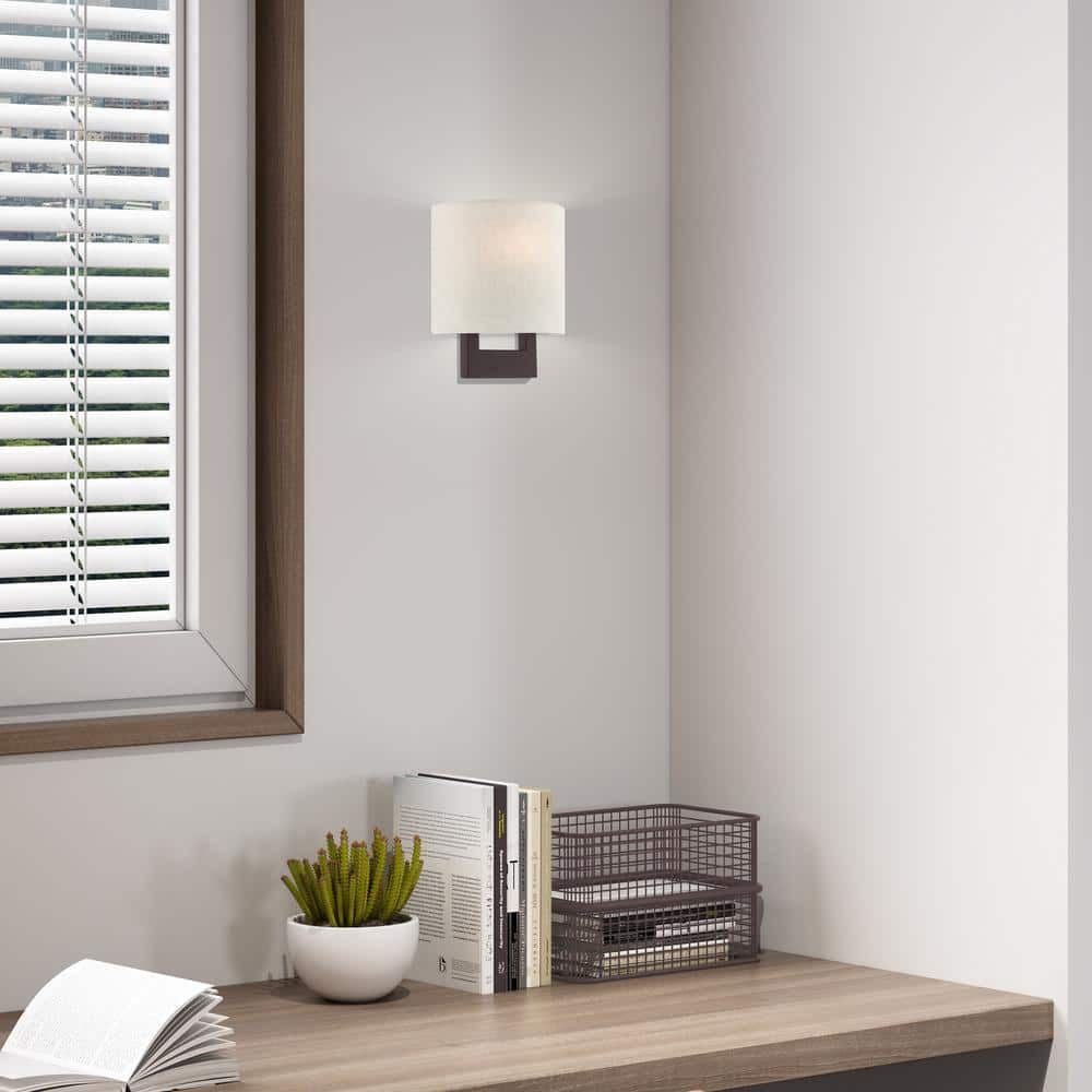 Hayworth Bronze 1-Light Dimmable Wall Sconce with Oatmeal Shade