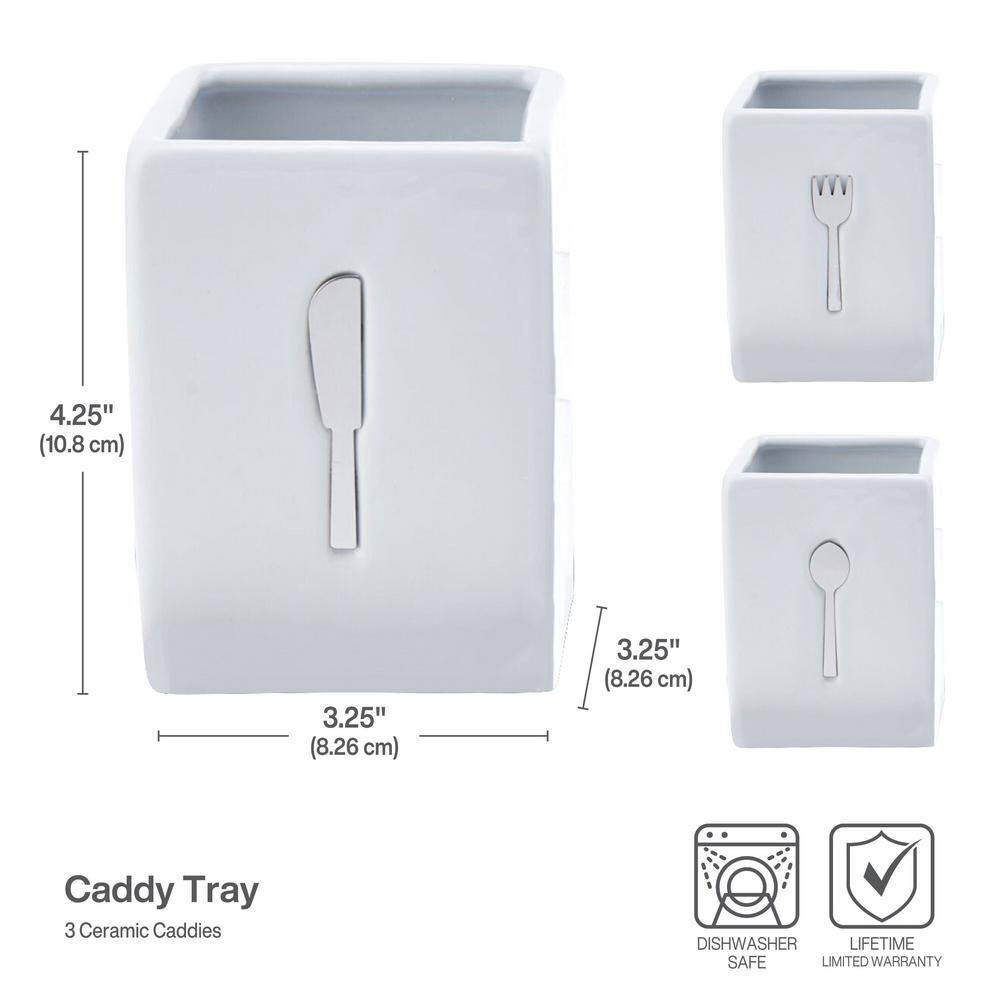 White Ceramic Flatware Caddy Set with Black Wood Tray