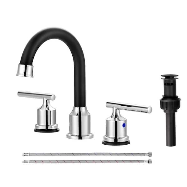WOWOW 8 in. Widespread Double Handle Bathroom Faucet in Chrome and Black