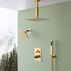 7-Spray Patterns Thermostatic 12 in., 6 in. Ceiling Mount Fixed and Handheld Shower Head in Brushed Gold