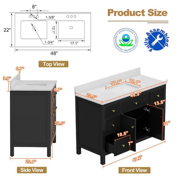 48 in. W x 20.5 in. D Single Sink Freestanding Black Bath Vanity with White Engineered Stone Top (Assembled)