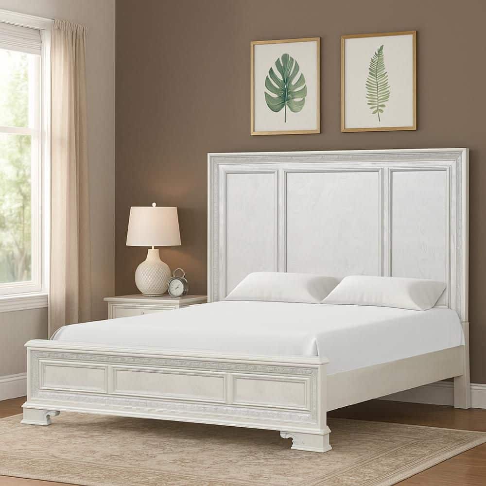 Miamy White Wood Frame King Panel Bed with Transitional Panel Design