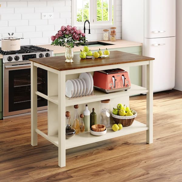 Runesay Walnut and Cream White Rustic Solid Wood Kitchen Island Carts with 2 Open Shelves