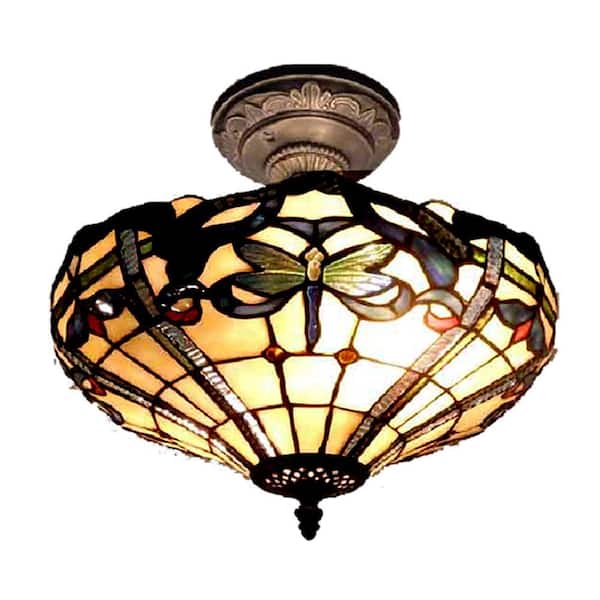 Dale Tiffany Cabrini 2-Light Antique Bronze Semi-Flush Mount Light with Art Glass Shade