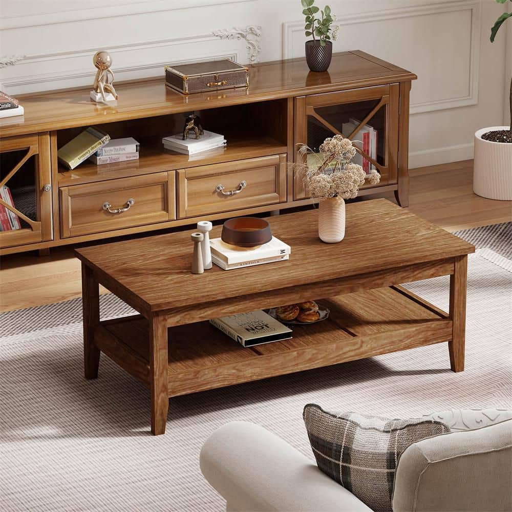 47 in. Walnut Rectangle MDF 2-Tier Rectangle Coffee Table with Slatted Storage Shelf and Thickened Tabletop