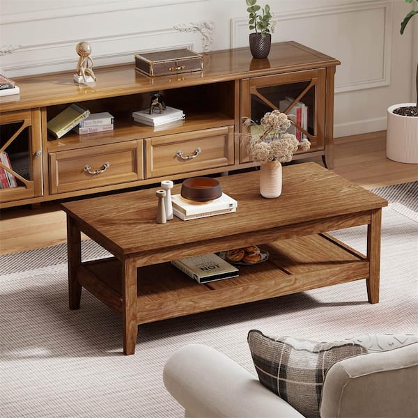 47 in. Walnut Rectangle MDF 2-Tier Rectangle Coffee Table with Slatted Storage Shelf and Thickened Tabletop