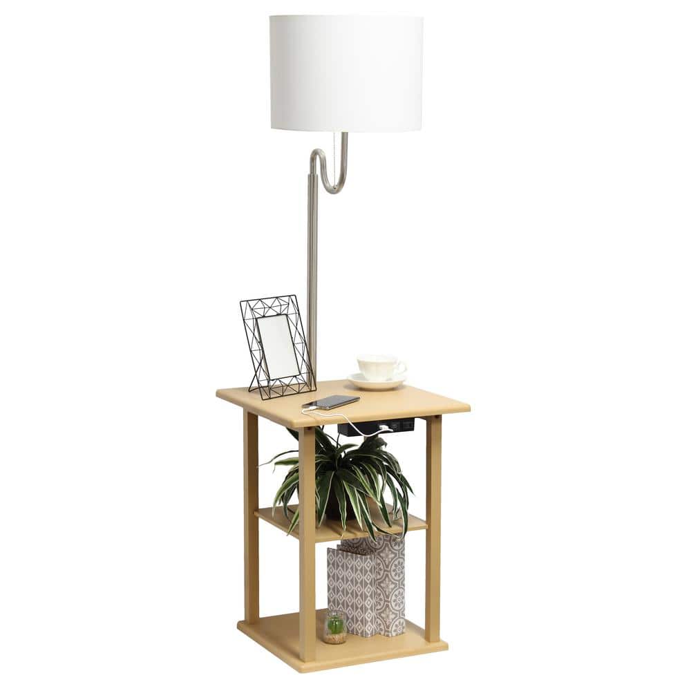 Tan 57" Modern 2-Tier End Table Floor Lamp with USB Ports