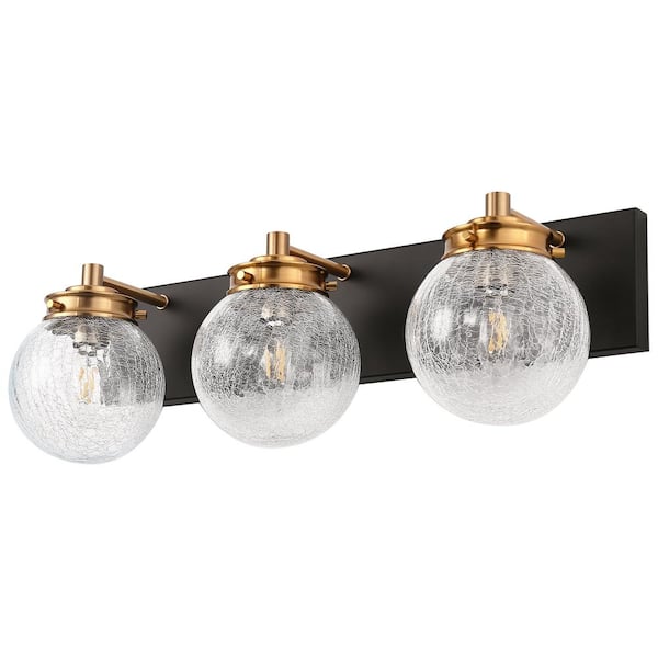 YANSUN 22 in. 3-Light Black and Gold Bathroom Vanity Light with Crackle Glass, 3-Light Wall Sconce for Mirror Overhead Lighting