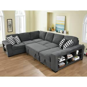 125 in. Modern U Shaped Polyester Sectional Sofa in Dark Gray with Cabinet, Storage Chaise, Pull-out Bed