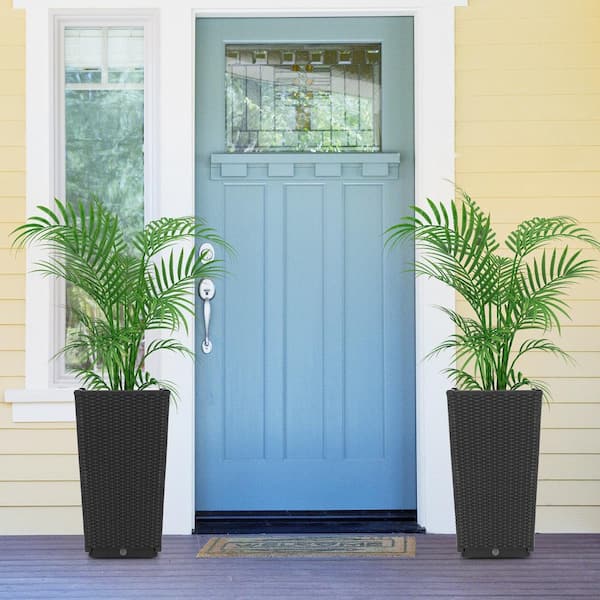 22.5 in. Tall Black Plastic Outdoor Wicker Flower Pot Planters with Drainage Hole (2-Pieces)