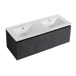 Victoria 48 in. W Wall-Mounted Modern Design Double Sink Bath Vanity with Ceramic Top in White and Cabinet in Black