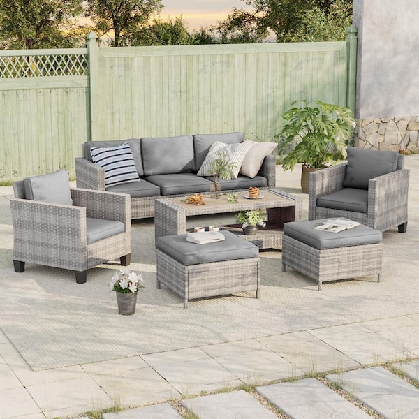 6-Piece Patio Sofa Set Gray Wicker Outdoor Furniture Set with Coffee Table, Gray