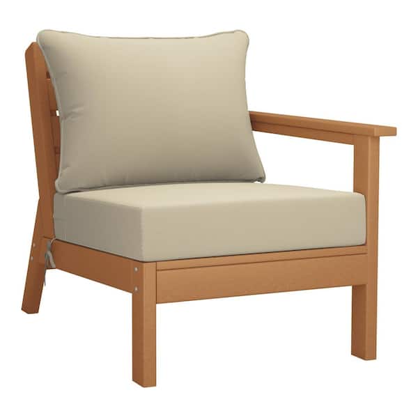 Birchwood Outdoor Patio Deep Seating Right Facing Arm HDPE Lounge Chair in Teak with Beige Cushions