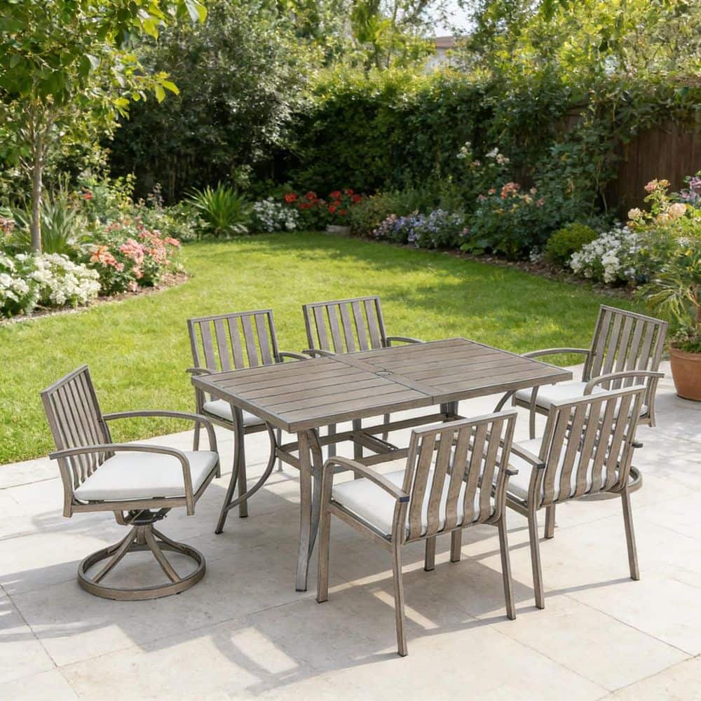Limed Oak 7-Piece Aluminum Rectangular Table Outdoor Dining Set with Gray Cushions, 2-Swivel Chairs and 4-Dining Chairs price history on PriceWatchPro