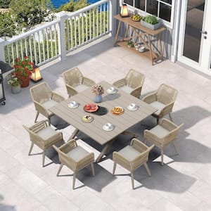 9-Piece Aluminum All-Weather PE Rattan Square Outdoor Dining Set with Cushion, Champagne